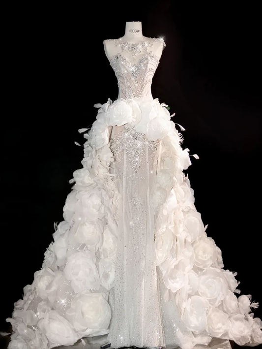 3D Flower White A Line Sweetheart Neck Rhinestone Tulle Long Prom Dress DP2754