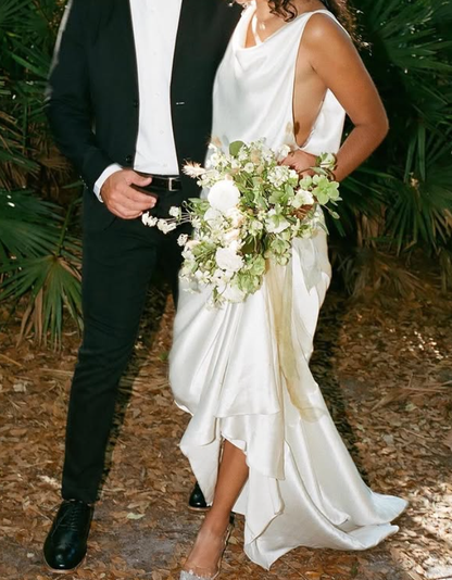 Open Back Sexy Sheath Round Neck White Satin Long Wedding Dress DP4303