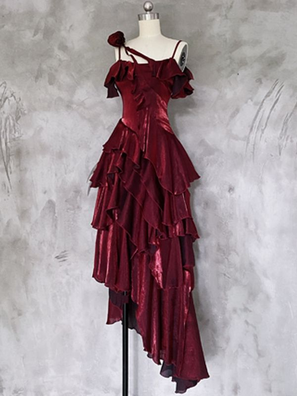 Red Asymmetrical Layered Ruffles Evening Gown Prom Dress Outfits DP667