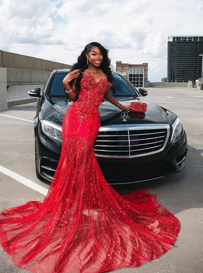 Stunning Red Mermaid Strapless Luxurious Beaded Sequin Tulle Long Prom Dress DP5057