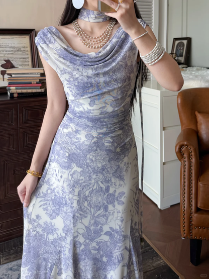 Unique Purple Mermaid Print Floral Chiffon Long Prom Dress Evening Dress DP5649