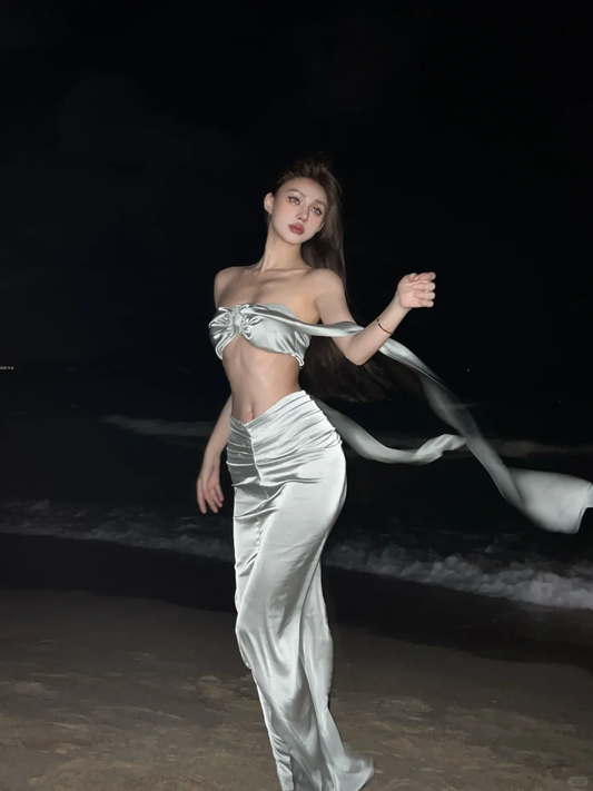 Stunning Sheath Two Piece Silver Satin Prom Dress Evening Dress DP4021