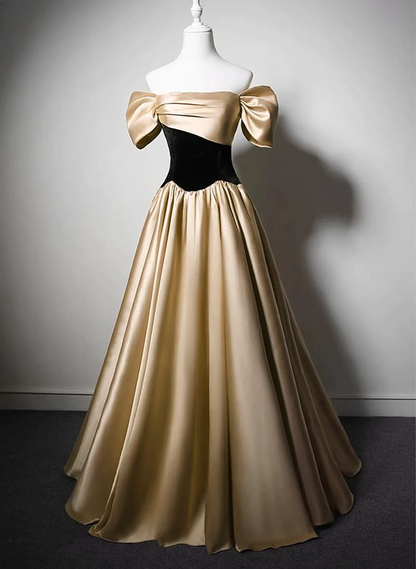 Champagne Satin Velvet Long Party Dress Off Shoulder Prom Dress DP651