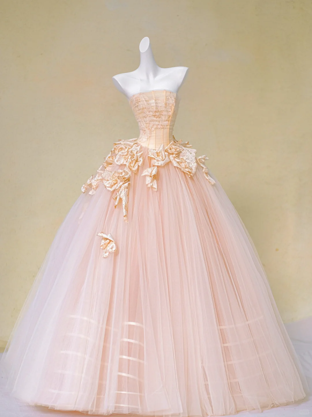 Champagne A Line Strapless Appliques Tulle Long Prom Dress Evening Dress DP2730