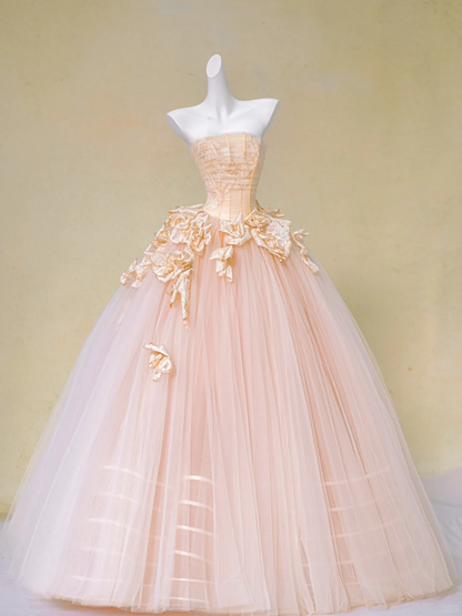 Champagne A Line Strapless Appliques Tulle Long Prom Dress Evening Dress DP2730