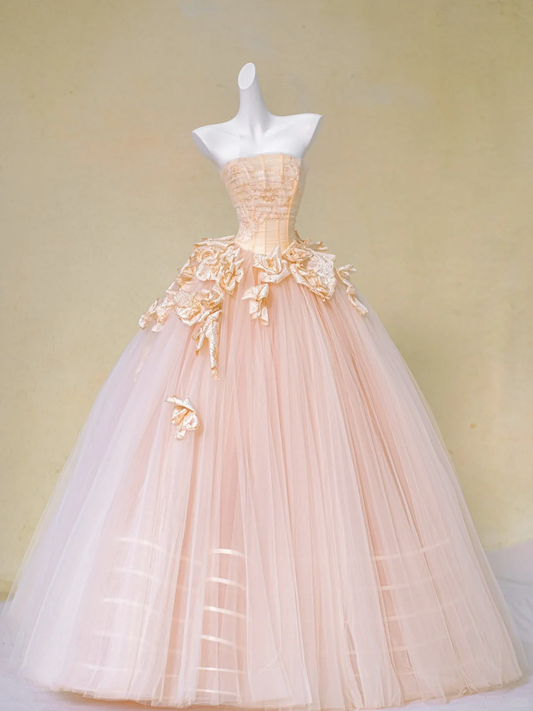 Champagne A Line Strapless Appliques Tulle Long Prom Dress Evening Dress DP2730
