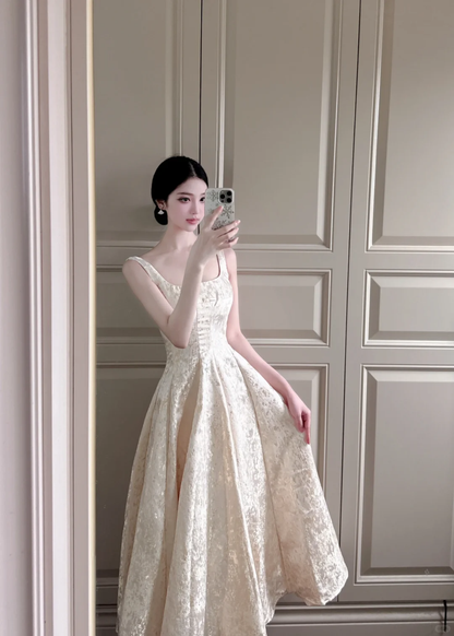 Simple Light Champagne A Line Straps Satin Long Prom Dress Outfits DP4616