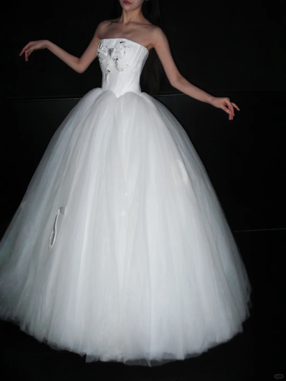 Sweety A Line Strapless Bow Knot White Tulle Long Wedding Dress DP8125