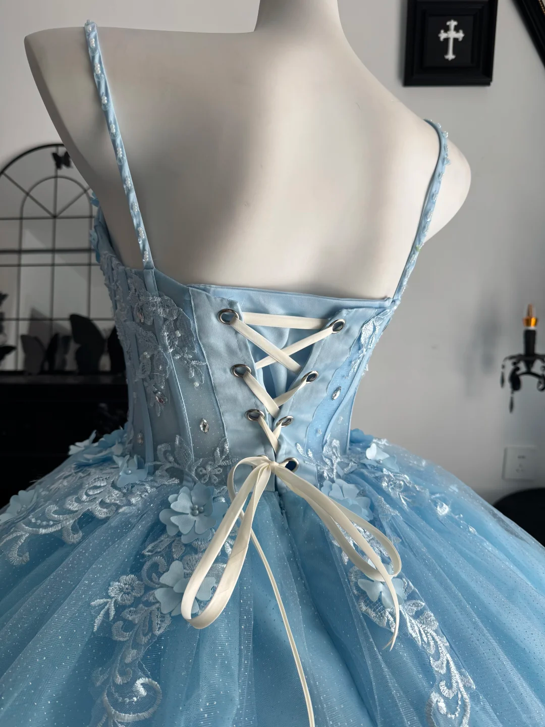 Baby Blue Ball Gown Spaghetti Strap Floral Tulle Prom Dress Quinceanera Dress DP6958