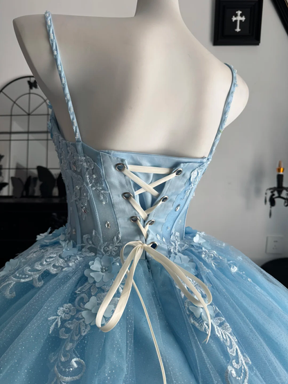 Baby Blue Ball Gown Spaghetti Strap Floral Tulle Prom Dress Quinceanera Dress DP6958