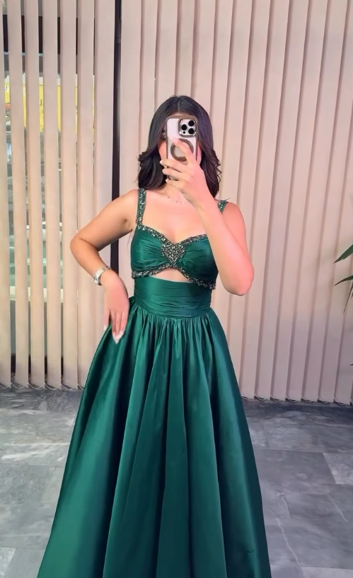 Stunning A Line Straps Beaded Green Satin Long Prom Dress Party Dress DP4133