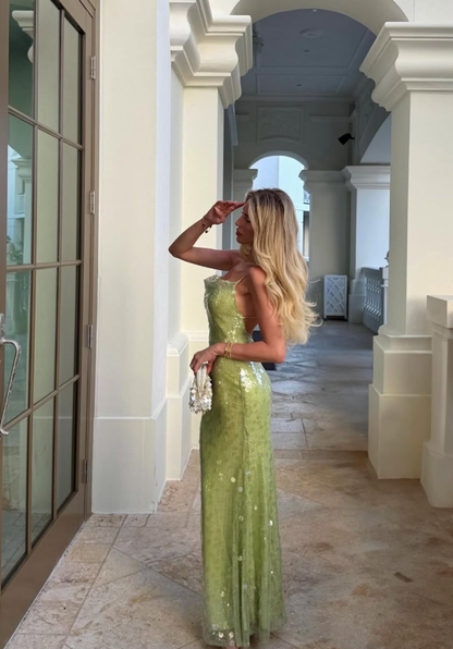 Green A Line Spaghetti Strap Sequin Long Prom Dress Evening Dress DP5401