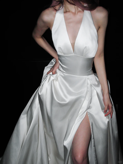 Stunning A Line Halter White Satin Backless Long Wedding Dress DP5201
