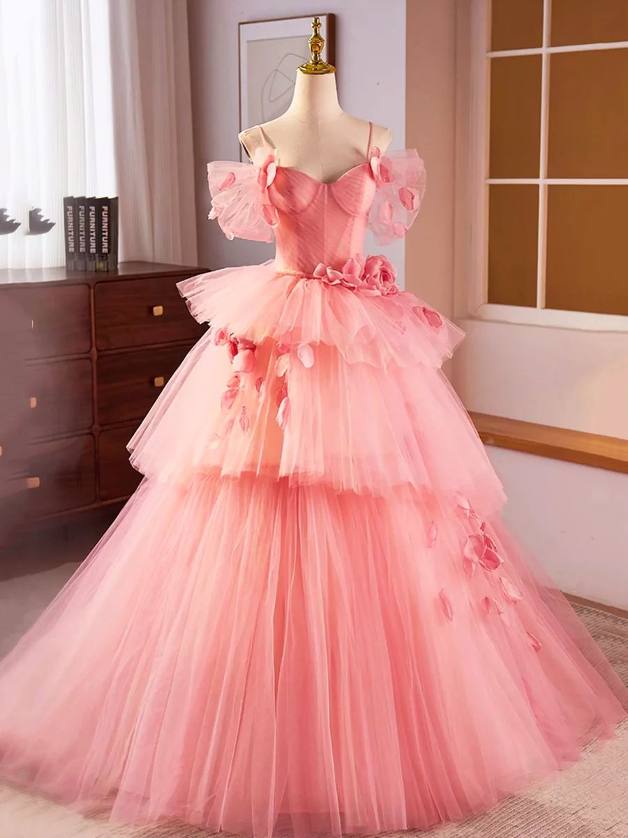 Beautiful Pink Spaghetti Strap Tulle Appliques Long Prom Dress Sweet 16 Dress DP394