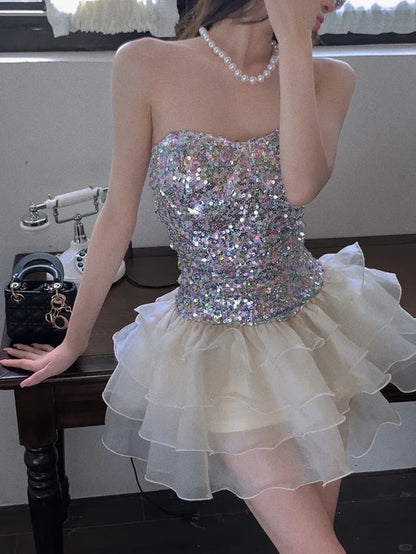 Shiny A Line Strapless Sequin Layered Organza Short Homecoming Dress Outfits DP6394