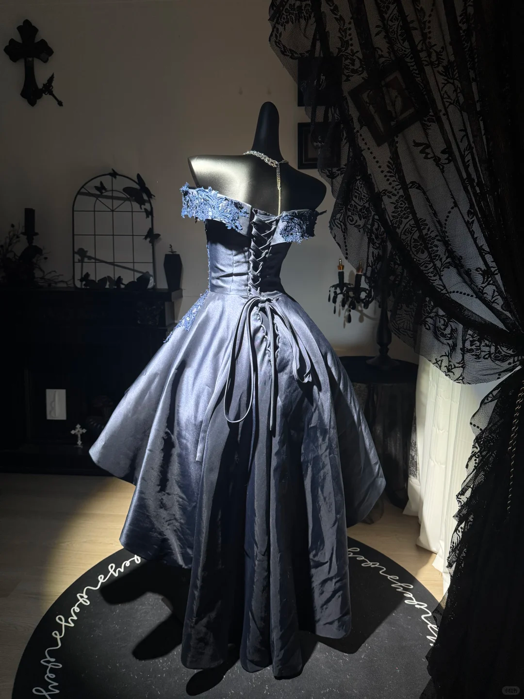 Navy Blue A Line Off the Shoulder Applique Satin Short Prom Dress Homecoming Dress DP6974