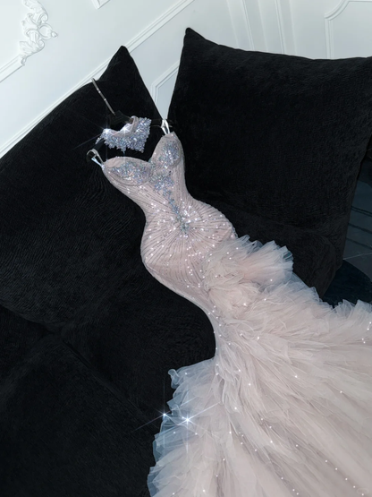 Shiny Mermaid Sweetheart Neck Beaded Tulle Long Sweep Prom Dress Party Dress DP2571