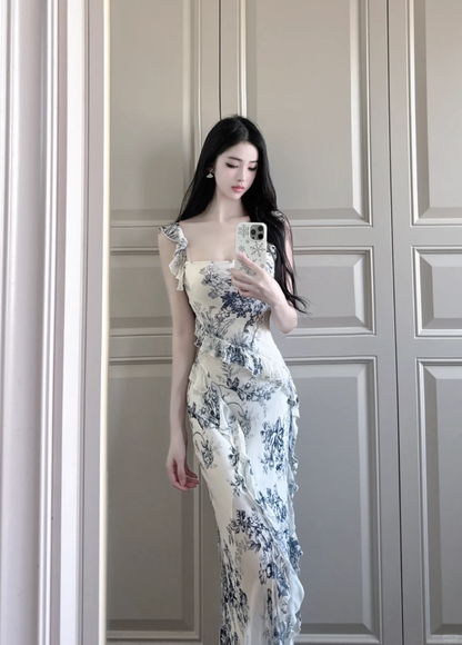 Elegant Mermaid Straps Blue Print Floral Chiffon Long Prom Dress Outfits DP4613