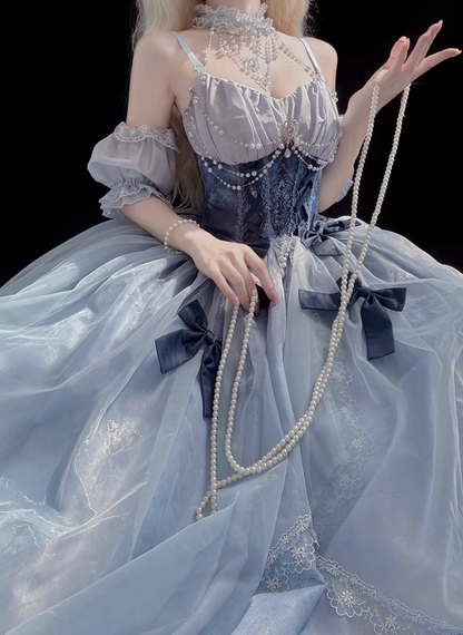Stunning Blue Bow A Line Lace Tulle Lolita Goth Boning Dress Prom Dress DP4505