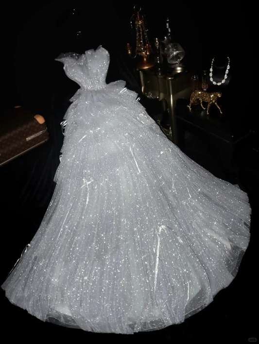 Stunning Dazzling A Line Strapless Layered Sequin Tulle Long Prom Dress Party Evening Dress DP5341