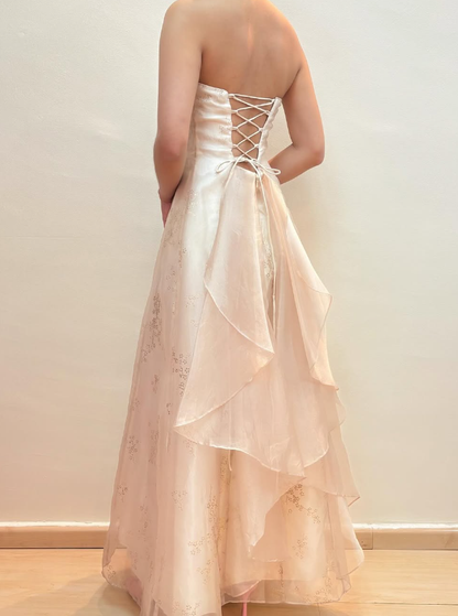 Vintage A Line Strapless Print Floral Satin Tulle Prom Dress Evening Dress DP1778