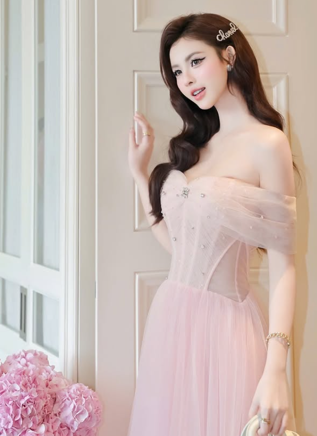Pink A Line Off the Shoulder Beaded Tulle Prom Dress Evening Dress DP5928