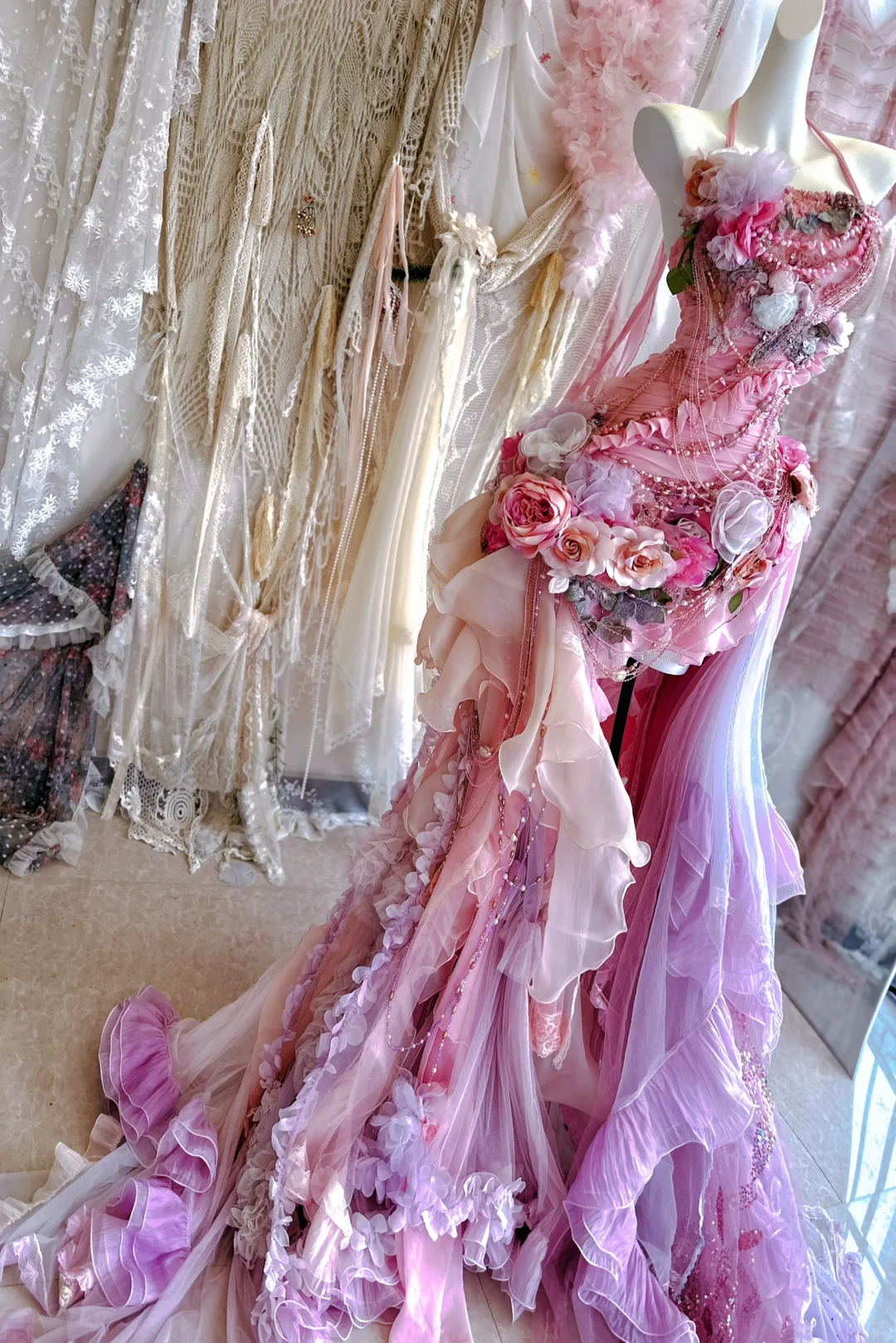 Unique Pink Mermaid Halter Exquisite Floral Chiffon Long Sweep Prom Dress Evening Dress Party Dress DP2973