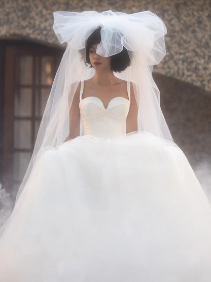 New A Line Spaghetti Strap White Satin Tulle Long Wedding Dress DP2629