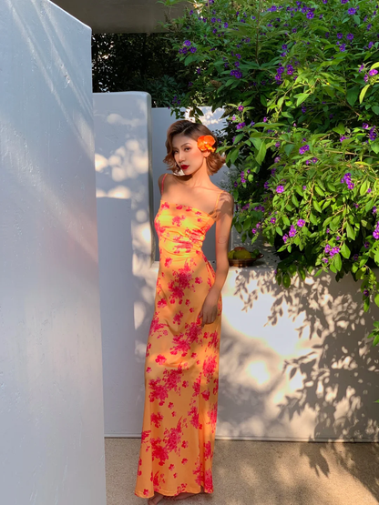 Sexy Sheath Spaghetti Straps Orange Print Floral Satin Long Prom Dress Outfits DP3848