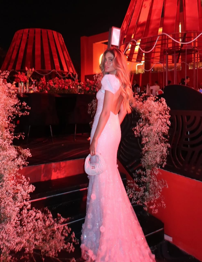 Romantic Pink Flower Beaded Sequin Puff Tulle Long Prom Dress Party Dress Date Dress DP2989