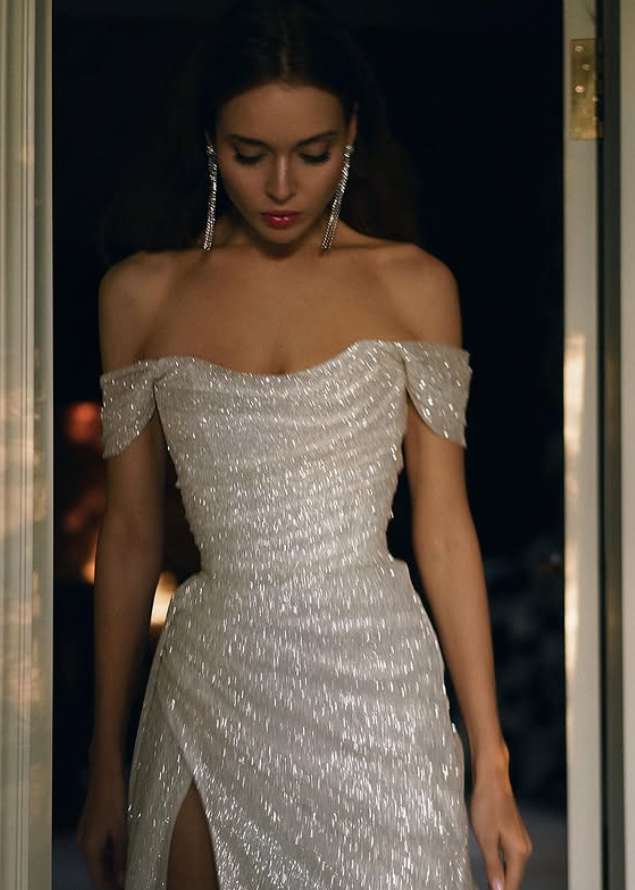 Elegant White A Line Off the Shoulder Sequin Prom Dress with Slit DP4416