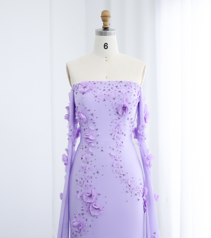 Stunning Lilac A Line Long Sleeve Beaded 3D Flower Chiffon Prom Dress Evening Dress DP1911