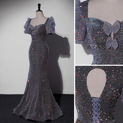 Shiny Grey Sequins Evening Dress Mermaid Bow Prom Dress DP209