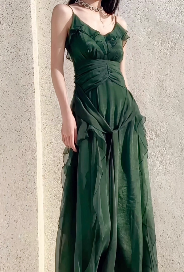 Flowy Dark Green Spaghetti Strap Ruffle Chiffon Prom Dress Evening Dress DP3562