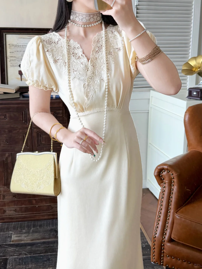 Vintage Pretty A Line Puff Sleeve Lace Satin Long Prom Dress Evening Dress DP6464