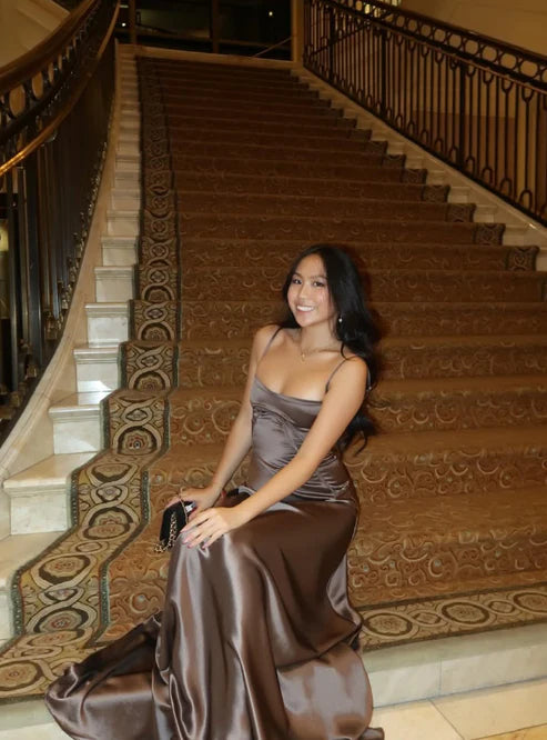 Simple Brown Spaghetti Straps A Line Prom Dress Party Dress DP5371