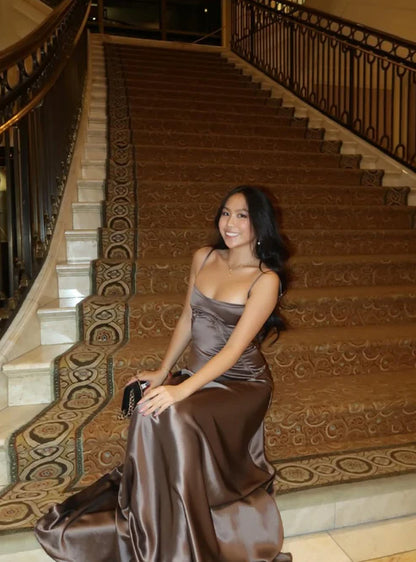 Simple Brown Spaghetti Straps A Line Prom Dress Party Dress DP5371