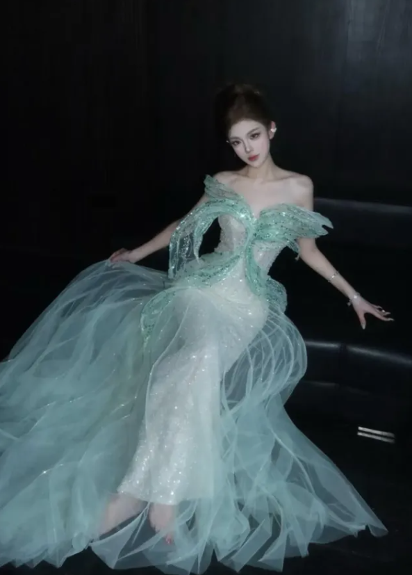 Ethereal Green Ball Gown Off the Shoulder Sequin Tulle Prom Dress Quinceanera Dress DP6612
