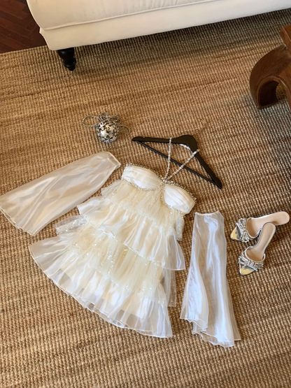 Shiny Rhinestone A Line Halter Layered Tulle Short Prom Dress Homecoming Dress DP5452