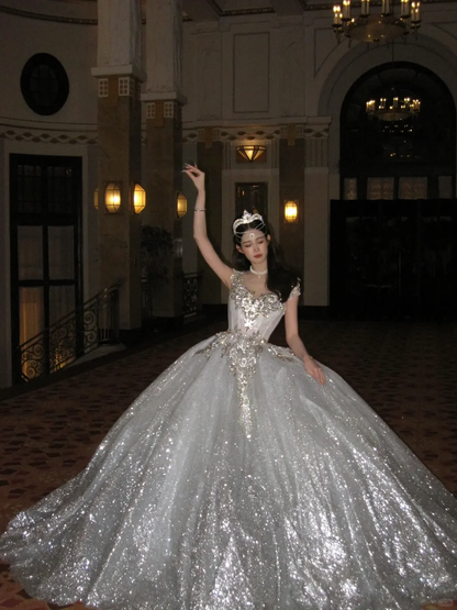 Elegant Ball Gown Off the Shoulder Beaded Silver Sequin White Tulle Prom Dress Wedding Dress DP4244