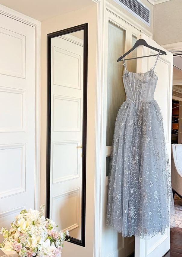 Dreamy Blue A Line Spaghetti Straps Embroidered Beaded Tulle Prom Dress Evening Dress DP6134