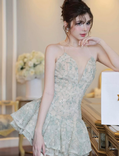 Light Green A Line Round Neck Floral Tulle Short Homecoming Dress Cocktail Dress DP3950