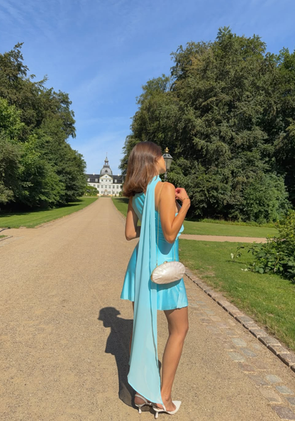 Bright Blue A Line One Shoulder Satin Chiffon Backless Short Homecoming Dress Outfits DP6157