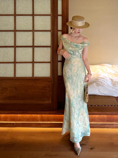 Light Green Mermaid Rose Print Chiffon Long Prom Dress Evening Dress DP5650