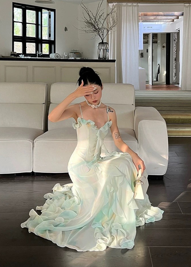 Dreamy Light Green A Line Straps Ruffle Chiffon Prom Dress Evening Dress DP5267