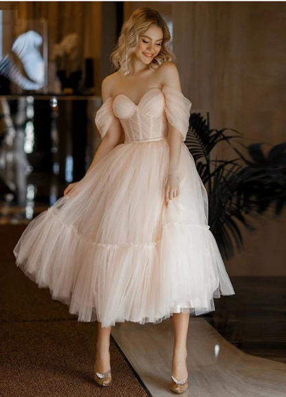 Light Pink A Line Off the Shoulder Tulle Tea Length Prom Dress Homecoming Dress DP1187