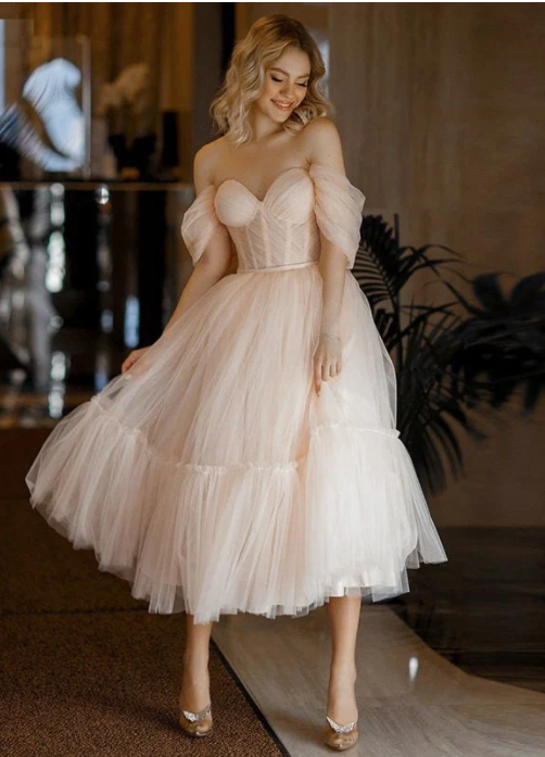 Light Pink A Line Off the Shoulder Tulle Tea Length Prom Dress Homecoming Dress DP1187