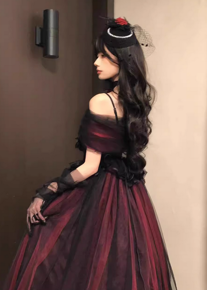 Burgundy Black Roses A Line Lace Tulle Lolita Goth Boning Dress Prom Dress DP4503