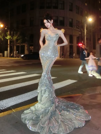 Unique Silver Mermaid Layered Sequin Long Sweep Prom Dress DP5035
