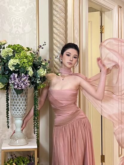 Elegant Pink A Line Strapless Pleated Chiffon Long Prom Dress Party Dress DP4467